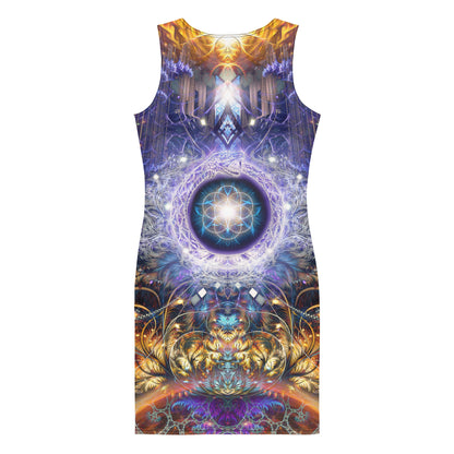 Model wearing the "Immortal Truth" bodycon dress, back view, ouroboros print.