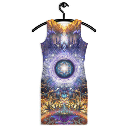 Close back view of the "Immortal Truth" bodycon dress ouroboros print.