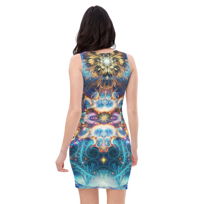 Back view of the Polaris bodycon fitted dress with an all-over print cosmic fantasy design.