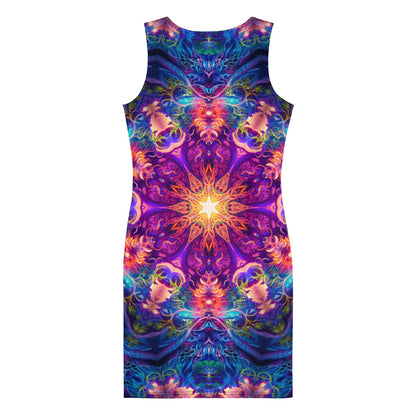 Back view of the Sacred Circle bodycon fitted dress with an all-over print mandala design.