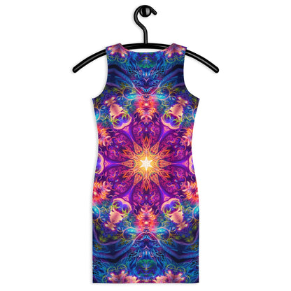 Back view of the Sacred Circle bodycon fitted dress with an all-over print mandala design.