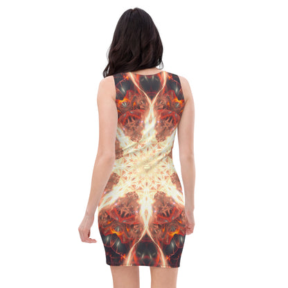 Back view of the Muladhara bodycon fitted dress with an all-over print root chakra design.