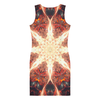 Back view of the Muladhara bodycon fitted dress with an all-over print root chakra design.