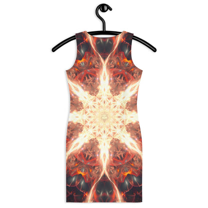 Back view of the Muladhara bodycon fitted dress with an all-over print root chakra design.