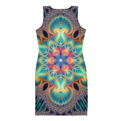 Free Your Mind bodycon fitted dress in white, back view of the psychedelic all-over print.