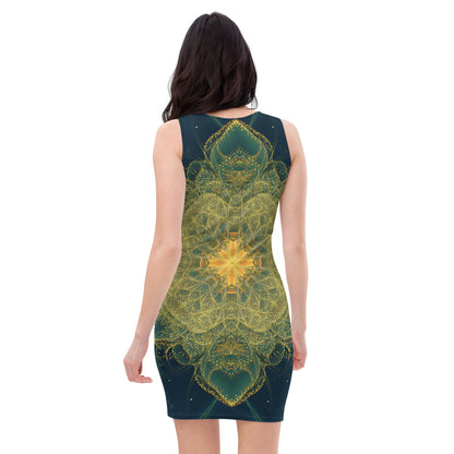 Back view of the Happy Thoughts bodycon fitted dress with an all-over print fairy dust mandala design.