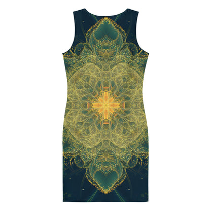 Back view of the Happy Thoughts bodycon fitted dress with an all-over print fairy dust mandala design.