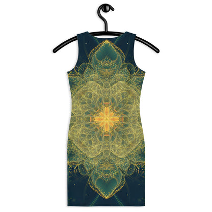 Back view of the Happy Thoughts bodycon fitted dress with an all-over print fairy dust mandala design.