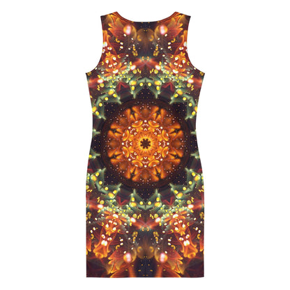 Back view of the Autumn Bloom bodycon fitted dress with an all-over print fractal mandala design.