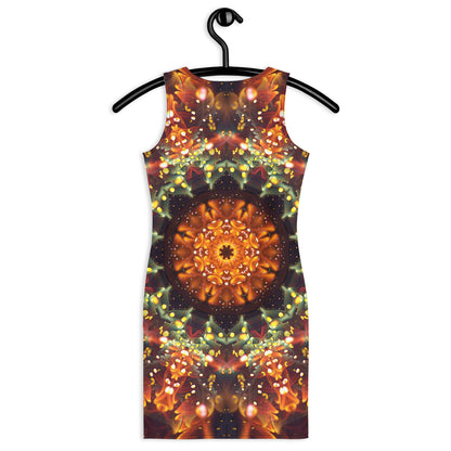 Back view of the Autumn Bloom bodycon fitted dress with an all-over print fractal mandala design.