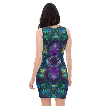 Close back view of the Awakened bodycon dress highlighting the jungle fractal mandala detail.