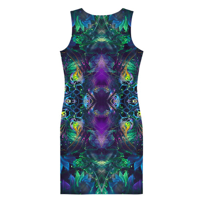 Back view of a model wearing the Awakened bodycon dress, its jungle fractal mandala print covering the rear panel.