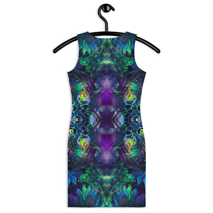 Second back view of the Awakened bodycon dress showing the jungle fractal mandala print across the fabric.