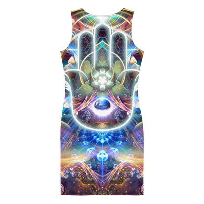 Back view of a model wearing the Divine Protection bodycon dress, its hamsa visionary art print covering the rear panel.