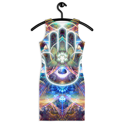 Close back view of the Divine Protection bodycon dress highlighting the hamsa artwork detail.