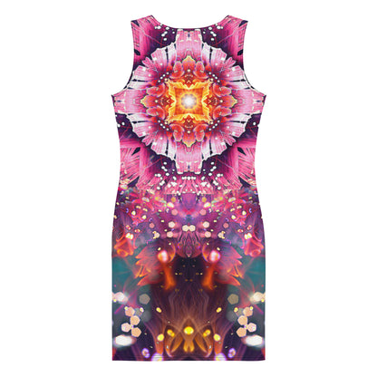 Close back view of the Endless Mallow bodycon dress highlighting the flower mandala detail.