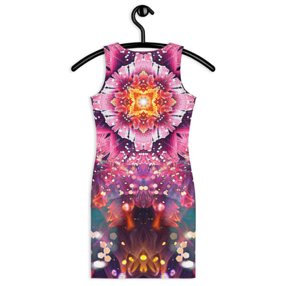 Second back view of the Endless Mallow bodycon dress showing the flower mandala print across the fabric.