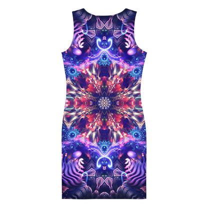 Back view of the Flow State bodycon fitted dress with an all-over print fractal mandala design.