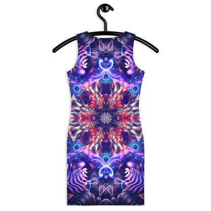 Back view of the Flow State bodycon fitted dress with an all-over print fractal mandala design.