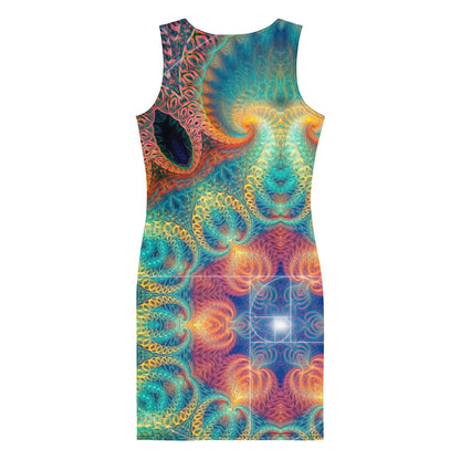 Back view of the Free Your Mind bodycon fitted dress with an all-over print Fibonacci spiral design.