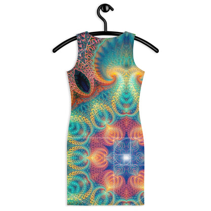 Back view of the Free Your Mind bodycon fitted dress with an all-over print Fibonacci spiral design.