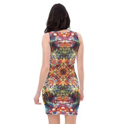 Back view of the Kaleidobloom bodycon fitted dress with an all-over print fractal mandala design.