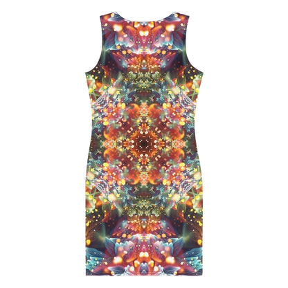 Back view of the Kaleidobloom bodycon fitted dress with an all-over print fractal mandala design.