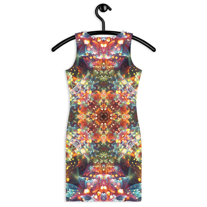Back view of the Kaleidobloom bodycon fitted dress with an all-over print fractal mandala design.