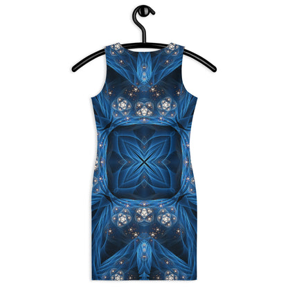 Second back view of the Inner Sanctum bodycon dress showing the stained-glass print across the fabric.