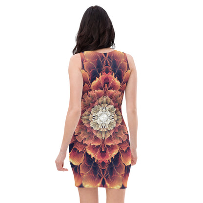 Second back view of the Mandala Bloom bodycon dress showing the fractal flower mandala print across the fabric.