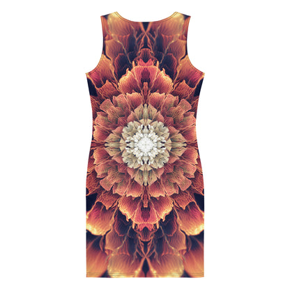 Close back view of the Mandala Bloom bodycon dress highlighting the fractal flower mandala detail.