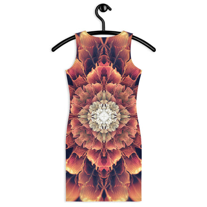 Back view of a model wearing the Mandala Bloom bodycon dress, its fractal flower mandala print covering the rear panel.