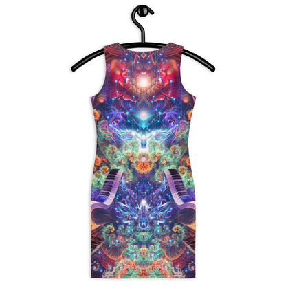Back view of the Magnus Opum bodycon fitted dress with an all-over print cosmic composer design.