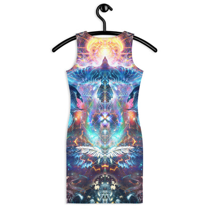 Back view of the Soul Seeker bodycon fitted dress with an all-over print raven design.