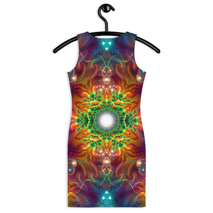 Second back view of the Photonic bodycon dress showing the fractal mandala print across the fabric.