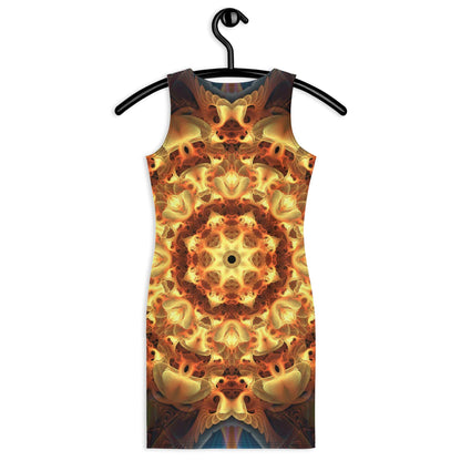 Back view of the Totem Sun bodycon fitted dress with an all-over print fractal mandala design.
