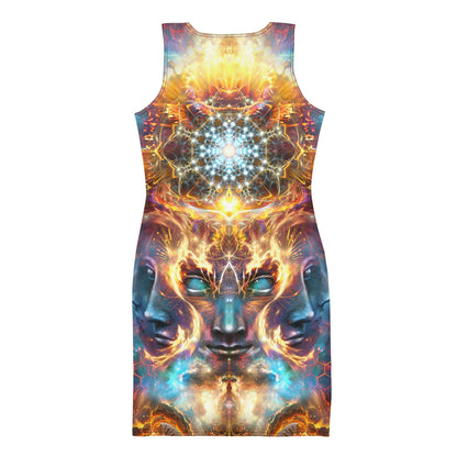 Back view of a model wearing The Wanderers bodycon dress, its many-faced god print covering the rear panel.