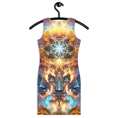 Close back view of The Wanderers bodycon dress highlighting the many-faced god artwork detail.