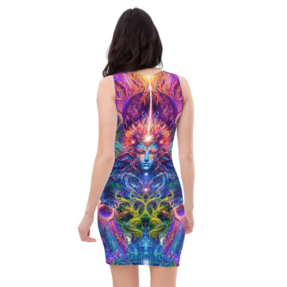 Back view of the Sacred Vine bodycon fitted dress with an all-over print ayahuasca inspired design.