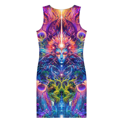 Back view of the Sacred Vine bodycon fitted dress with an all-over print ayahuasca inspired design.