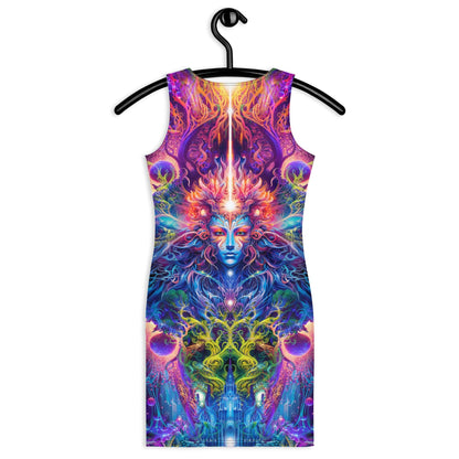 Back view of the Sacred Vine bodycon fitted dress with an all-over print ayahuasca inspired design.