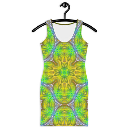 Close-up front view of the Activation Initiated neon fractal print on the bodycon dress.