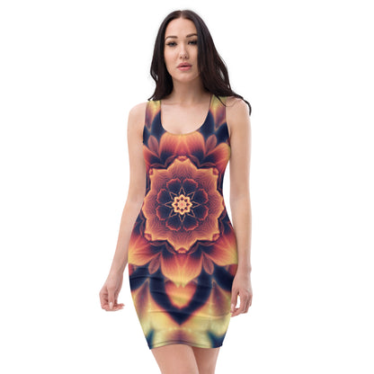 Front view of a white bodycon dress featuring the Mandala Bloom fractal flower mandala print.