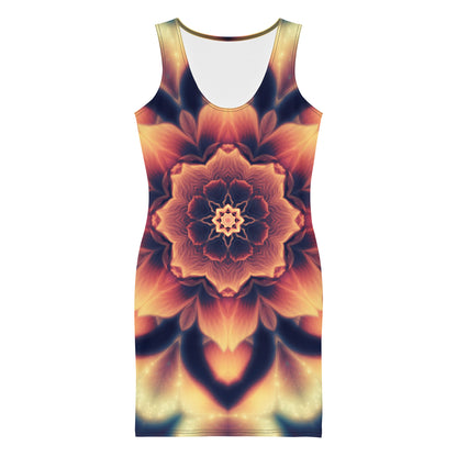 Front view of a white bodycon dress showing the Mandala Bloom fractal flower mandala print.