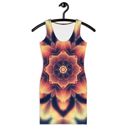Front view of a white bodycon dress with the Mandala Bloom fractal flower mandala print.