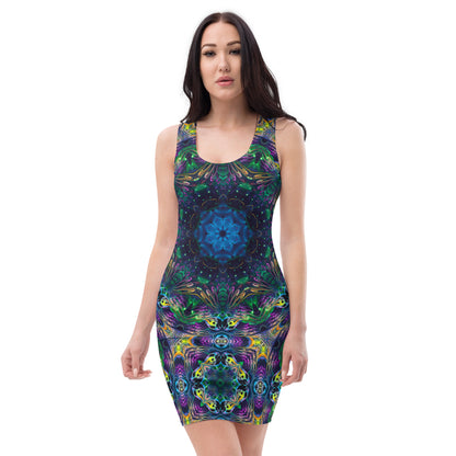 Front view of a white bodycon dress featuring the Awakened fractal mandala print.