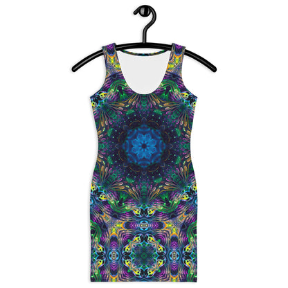 Front view of a white bodycon dress showing the Awakened fractal mandala print.
