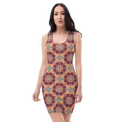 Front view of a white bodycon dress with the Aquatic Rays fractal ray print.