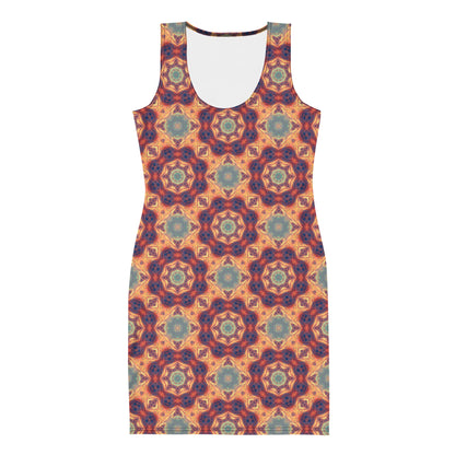 Front view of a white bodycon dress showing the Aquatic Rays fractal ray print.