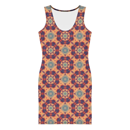 Front view of a white bodycon dress featuring the Aquatic Rays fractal ray print.
